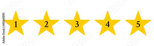 Five golden stars numbered from 1 to 5 to rate products or leave reviews - Isolated gold rating stars on a transparent background