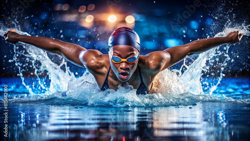 Professional woman swimmer swim using breaststroke technique in swimming pool. Concept of professional sport and competition