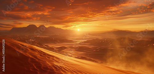 A surreal desert landscape where sand dunes shift and ripple in the wind, their golden hues blending seamlessly with the fiery sunset sky and liquid-like mirages shimmering on the horizon.