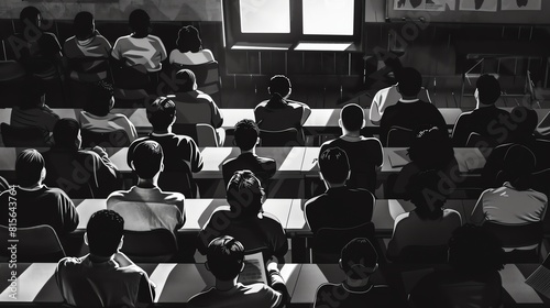 School assembly flat design top view, community theme, animation, black and white