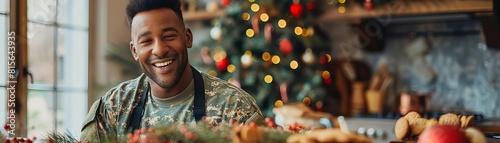 Military father and family baking cookies over a holiday Skype call, festive and heartwarming