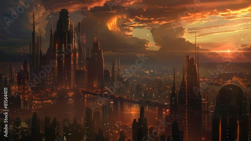 A futuristic city bathed in amber and neon lights