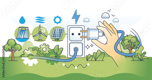 Renewable integration for green electricity power outline hands concept. Use solar, wind or hydro energy as alternative to fossil burning vector illustration. Sustainable and environmental management