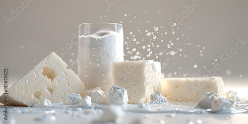 Healthy white cottage cheese in large glass and other dairy products on blue background, Marshmallows falling in the air isolated on white background