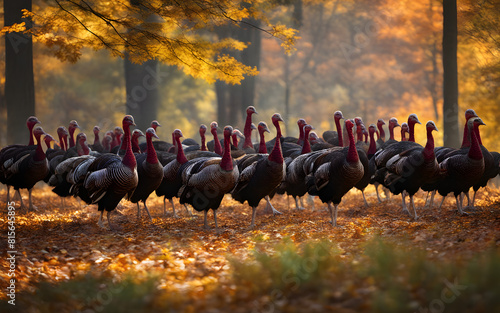 Wild turkeys strutting through a forest