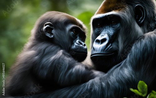 Gorilla mother cradling her baby in the jungle
