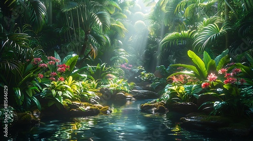 Immerse yourself in the lush foliage of a tropical rainforest, where vibrant flora and fauna thrive amidst a symphony of color and sound, captured in stunning 8K realism.