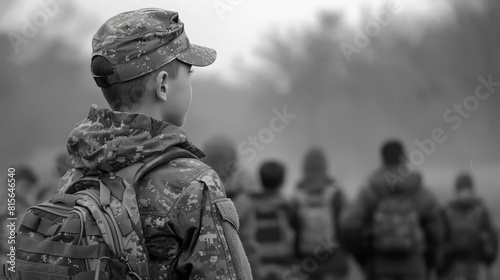 Black and white photo of a soldier looking out at his squad.