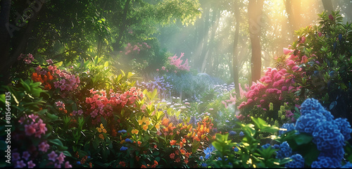An enchanted garden hidden deep within a dense forest, where colorful flowers bloom among winding vines, their petals shimmering with liquid-like iridescence in the dappled sunlight.