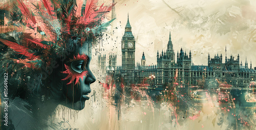 A striking abstract portrait blending elements of Big Ben with a festive, carnival feathered headpiece in a dreamlike composition