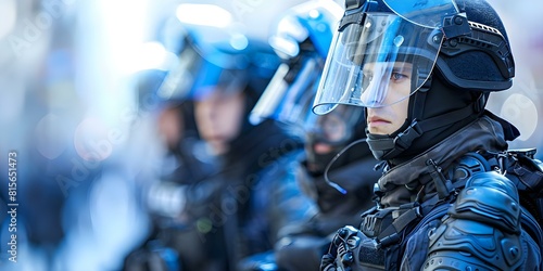 A team of police officers in full gear and bulletproof vests in the city. Concept Police Officers, Law Enforcement, Urban Settings, Protective Gear, City Patrol