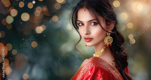 beautiful Indian actress in a red saree, gold jewellery earrings and necklaces, beautiful brown hair with long wavy waves, golden eyes
