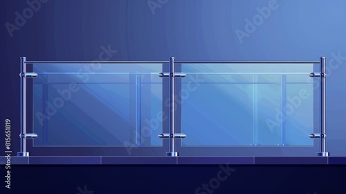 Balcony or terrace glass banister with metal tubular beam fasteners attached to plexiglass panel. Transparent acrylic barrier.