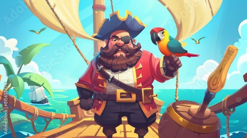 Pirate with an eye patch holding a parrot on his shoulder and holding a bomb stands on a wooden deck of a ship in open waters. Cartoon modern illustration of a corsair captain wearing a pirate