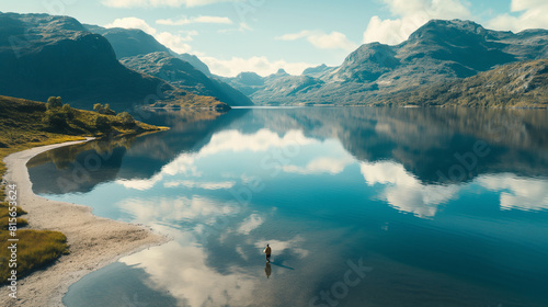 An aerial shot of a pristine lake reflecting the surrounding mountains, with a person filling up a reusable water bottle from a nearby spring, emphasizing the importance of clean w