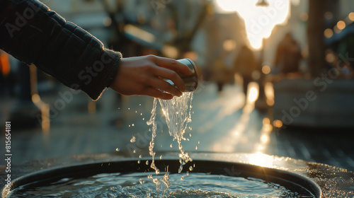 An atmospheric shot of a person enjoying a refreshing drink of clean water from a fountain in a bustling city square, illustrating the universal need for access to safe and reliabl