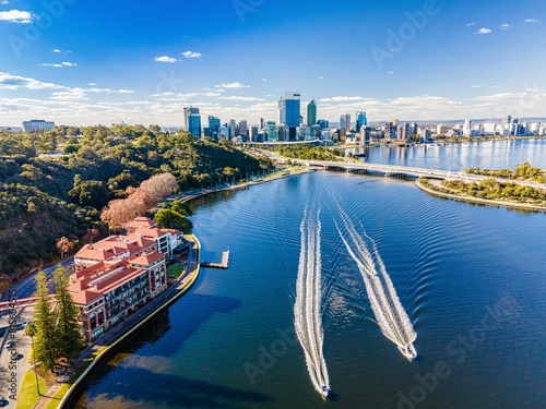 Aerial view of the Perth CBD in Western Australia, with tall buildings and a vibrant cityscape