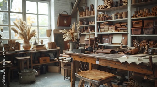 The photo shows a vintage carpentry workshop with a large wooden workbench, shelves stocked with tools and materials.