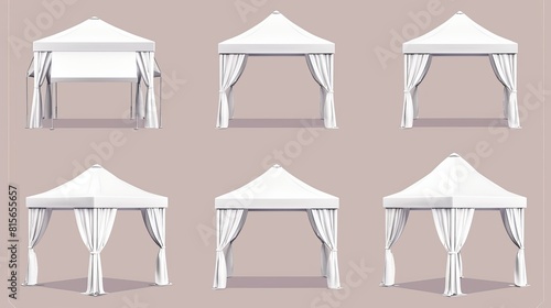 Detailed 3d modern illustration set of a white marquee canopy for product presentation on the front and side. Garden gazebo for summer festival. Square pavilion template to be used in exhibitions.