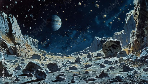 A detailed depiction of the asteroid belt, filled with a variety of rocky bodies and debris, with a distant view of Jupiter in the background