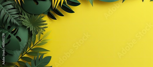 top view of paper cut green tropical leaves on yellow and green bright background with copy space panoramic shot