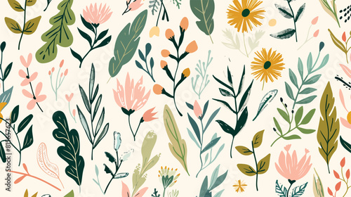 Seamless floral pattern leaf plants flowers branches.