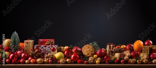 Christmas background new year gifts toys balls fruits nuts. copy space available