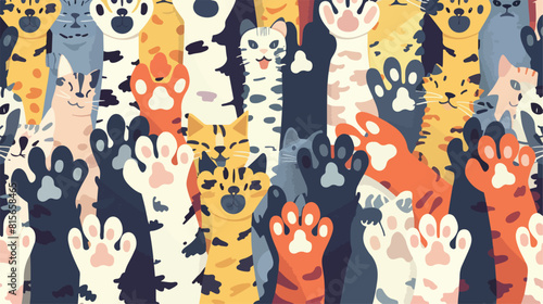Seamless pattern with cute cat paws raised up together