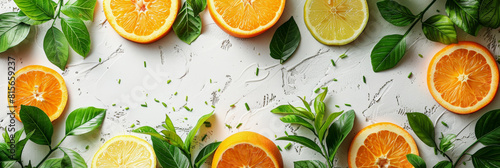 Bright flat lay of citrus fruits and leaves on a textured white background, ideal for healthy lifestyle themes.