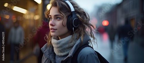 Close up portrait of a girl wearing headphones on the street with ample copy space in the image