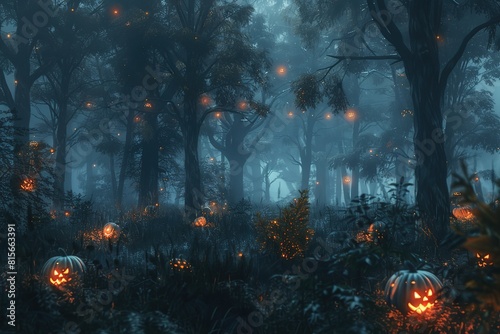 Realistic haunted forest creepy landscape at night. Fantasy Halloween forest background. 