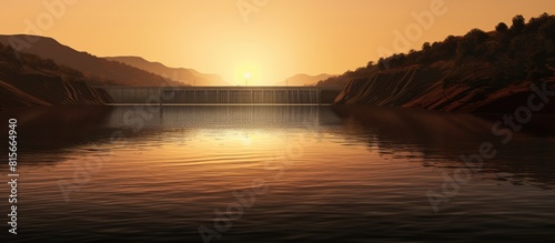 Silhouette reflection of the sunset on a large dam. copy space available