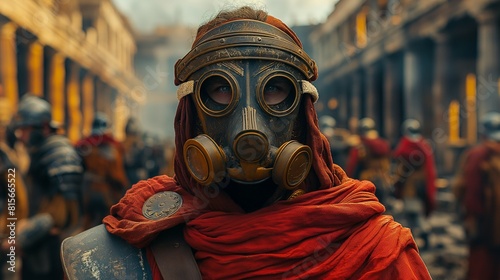 sci-fi, alternate history roman empire soldier in a red cloak and respirator gas mask. 