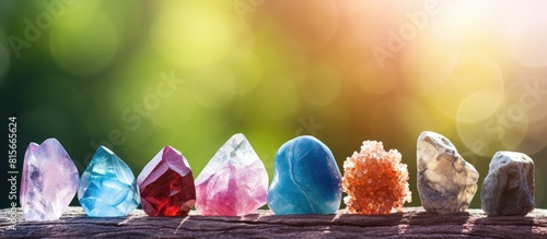 Crystal and gemstones depicted in a copy space image promoting health wellness and healing against a natural backdrop