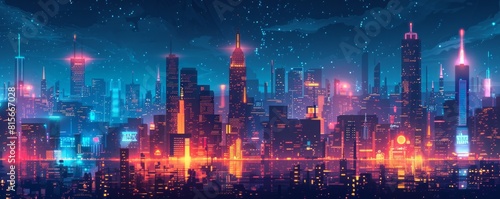 A futuristic megalopolis bustling with activity, its towering skyscrapers and neon lights illuminating the night sky. illustration.