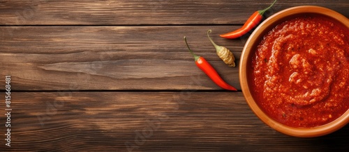 Spicy chili sauce in bowl with nacho chips on wooden table Top view Copy space