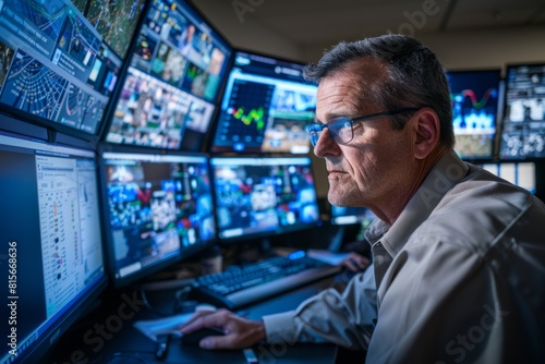Cybersecurity Professional Monitoring Multiple Screens in Control Room, Wide-Angle View