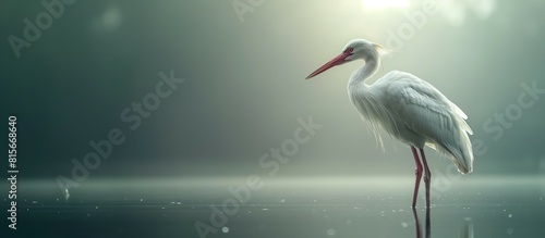 white stork bird standing in the water on a foggy morning. 