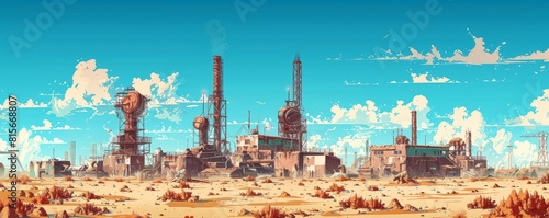 A dystopian wasteland where crumbling buildings and rusted machinery litter the desolate landscape, a testament to the folly of humanity's ambition. illustration.