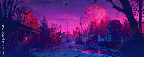 A paranormal scene set in an abandoned amusement park, with decrepit rides and eerie laughter echoing through the empty streets. illustration.