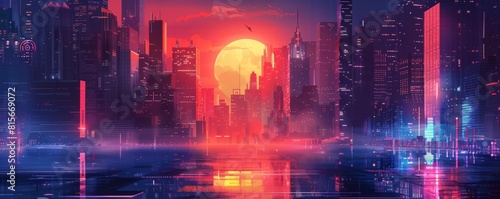 A dystopian cityscape cloaked in perpetual darkness, with towering skyscrapers and flickering neon lights casting eerie shadows on the deserted streets below. illustration.