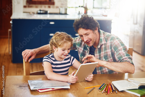 Smile, dad and girl with tablet for homework in home on table on elearning for child development, knowledge and growth. Parent, kid and support with help for learning on internet for educational game