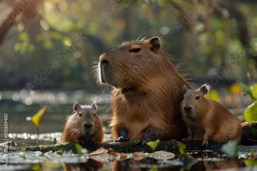 Capybara with children in a pond in the habitat, the largest rodent