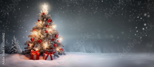 Christmas background with decorative tree and red bow. copy space available