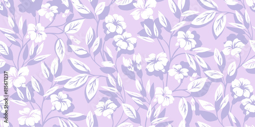 Abstract simple violet branches with shapes wild flowers, leaves seamless pattern. Pastel purple silhouettes floral stems printing. Vector hand drawing. Nature ornament for textile, fabric, wallpaper