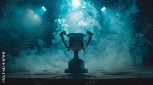 A trophy cup backlit by a single spotlight, with smoke drifting across, adding a sense of mystery and achievement