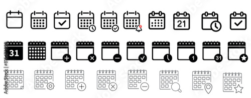 Calendar icon set. Containing date, schedule, month, week, appointment, agenda, organization and event icons. Vector illustration