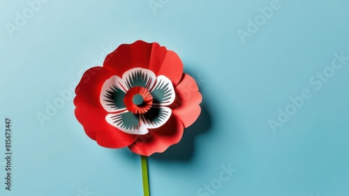 Banner with paper cut red poppy flower, symbol for remembrance, memorial, anzac day