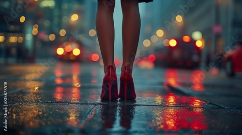 woman in a red high heel shoes standing on the city street with blurred city lights in the background.