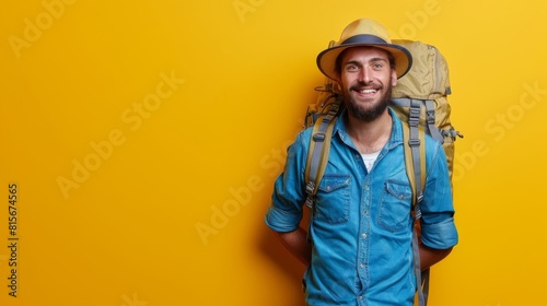 Man in hiking gear with a backpack, ready for adventure, against a yellow background that suggests daylight
